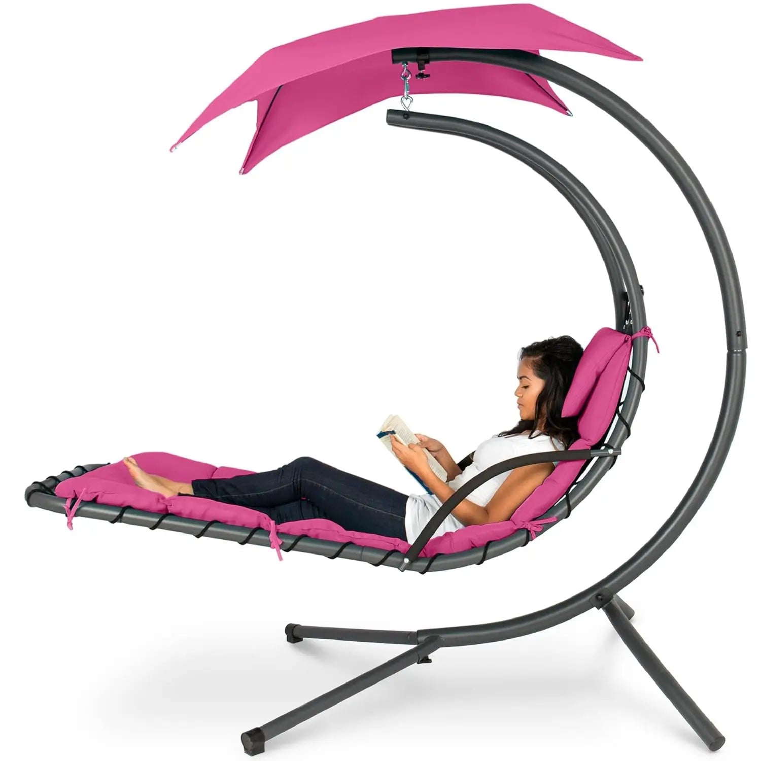 Outdoor Hanging Curved Steel Chaise Lounge Chair Swing w/Built-in Pillow and Removable Canopy - Peacock Blue, Customized
