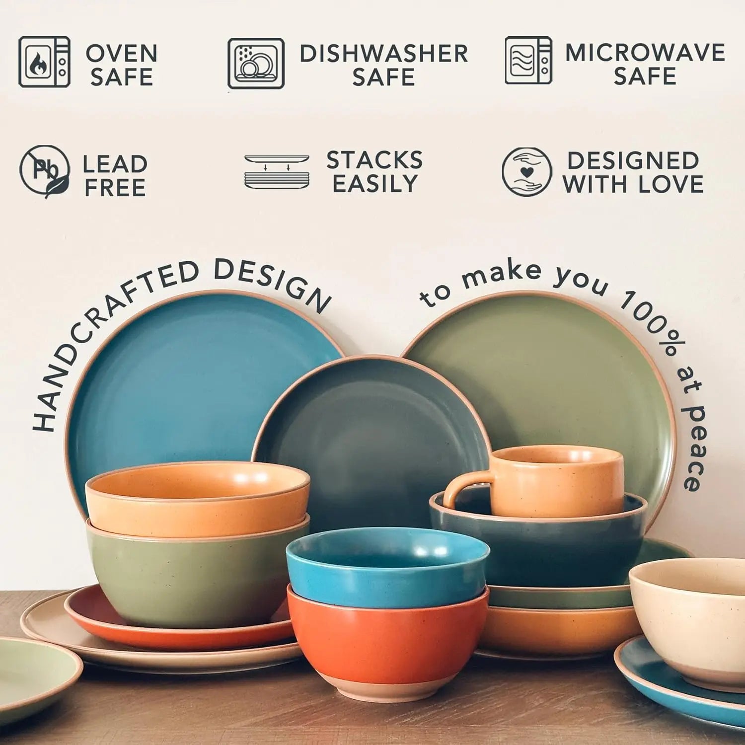 Ceramic Artisan Matte Dinner Plates Set of 6, 10 inch Dish Set - Microwave, Oven, and Dishwasher Safe