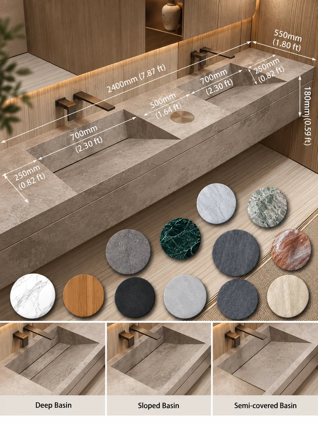 Custom Luxury Natural Stone Bathroom Vanity With Integrated Dual Basin