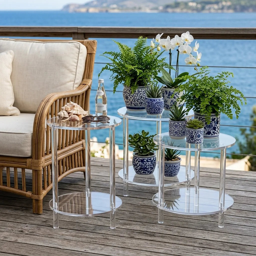 Modern Round Acrylic End Table - Crystal Clear Nightstand with Storage Shelf - 2-Tier Small Coffee Table for Living Room, Bedroo