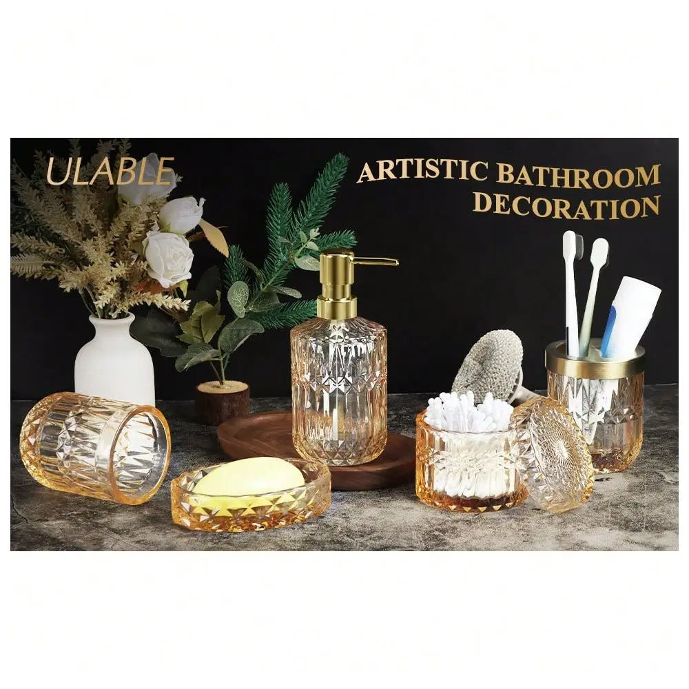 Bathroom Accessories OrganizerBathroom Accessories Set, 5 Pcs Glass Bathroom Accessories With Lotion Soap Dispenser, Soap Dish,