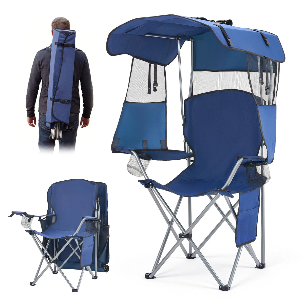 SucceBuy Camping Chair With Canopy Shade And Cup Holders