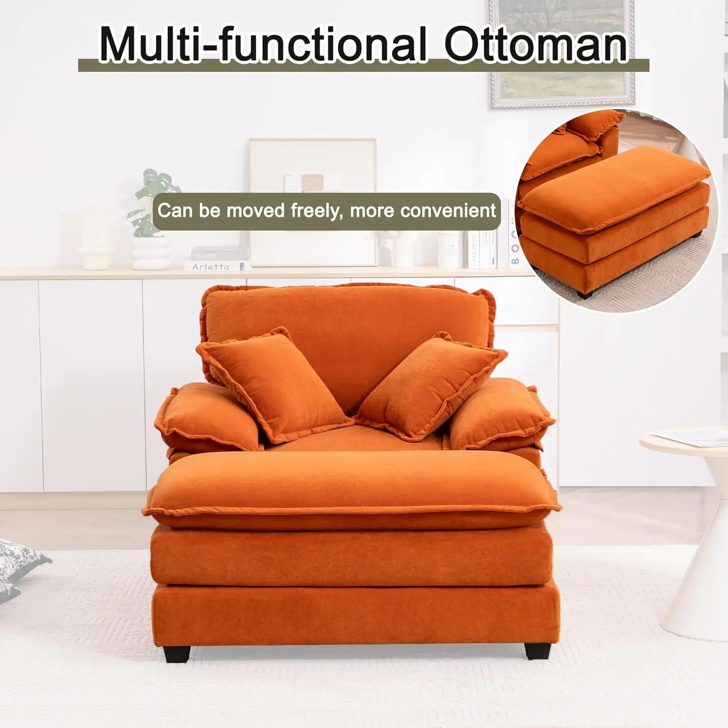 Oversized Chaise Lounge Chair with Ottoman,56.3" Indoor Velvet Deep Seat Reading Chairs,Comfort Accent Leisure Chair Set for Liv