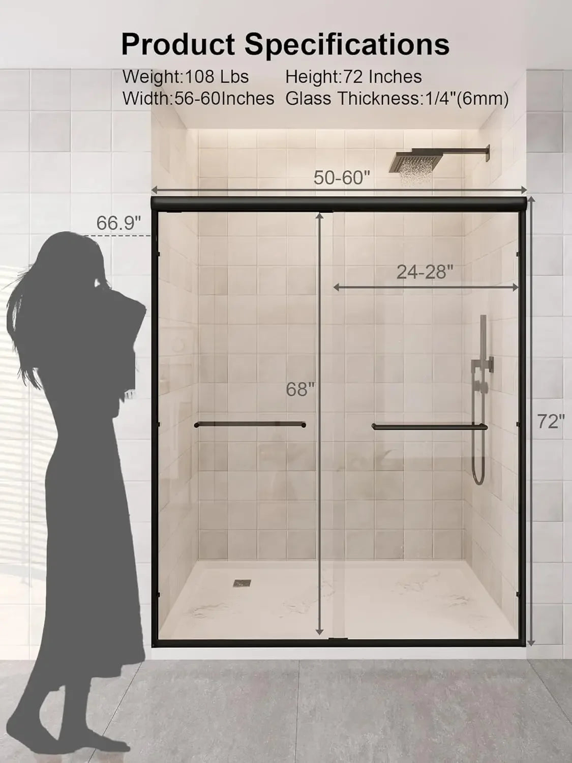 Glass Shower Door, 54”-60" W x 72" H Sliding Shower Door, Aluminum Semi-Frameless & 1/4"(6mm) Clear Tempered with Explosion-Proo