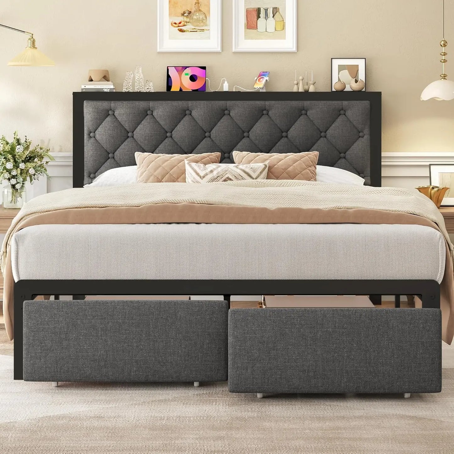 High-concerned Upholstered Bed Frame With 2 Storage Drawers And Charging Station