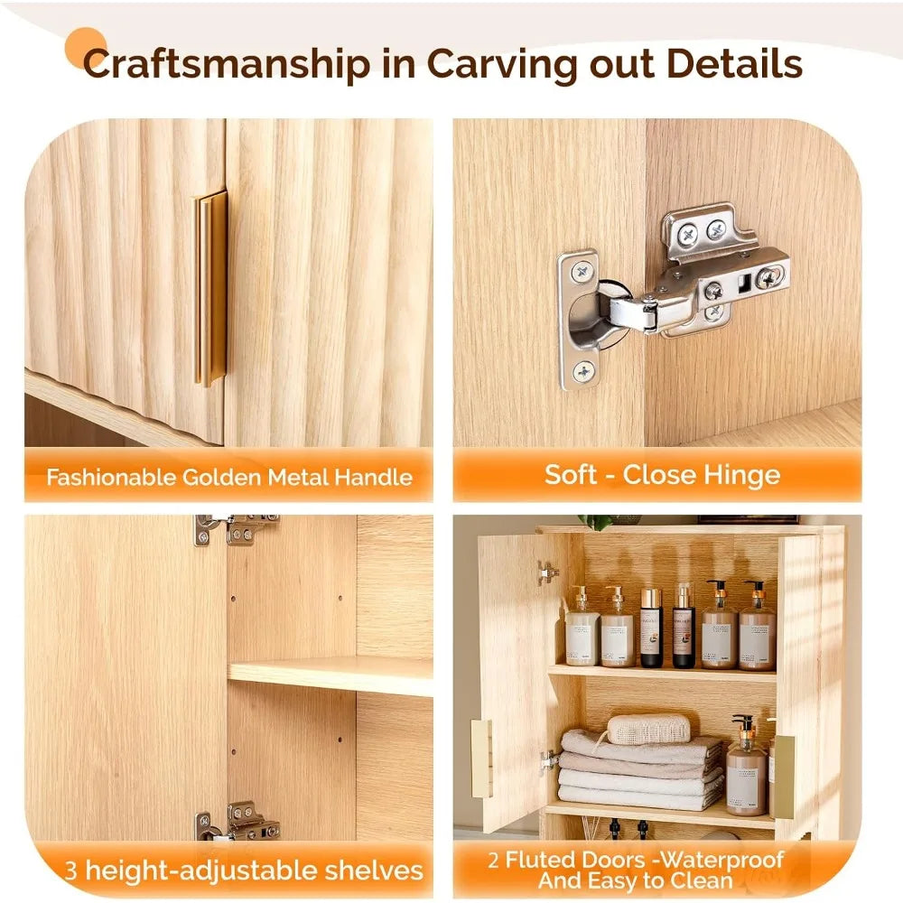 Mid Century Modern Over-the-Toilet Storage Cabinet, Natural Oak, Adjustable Shelves