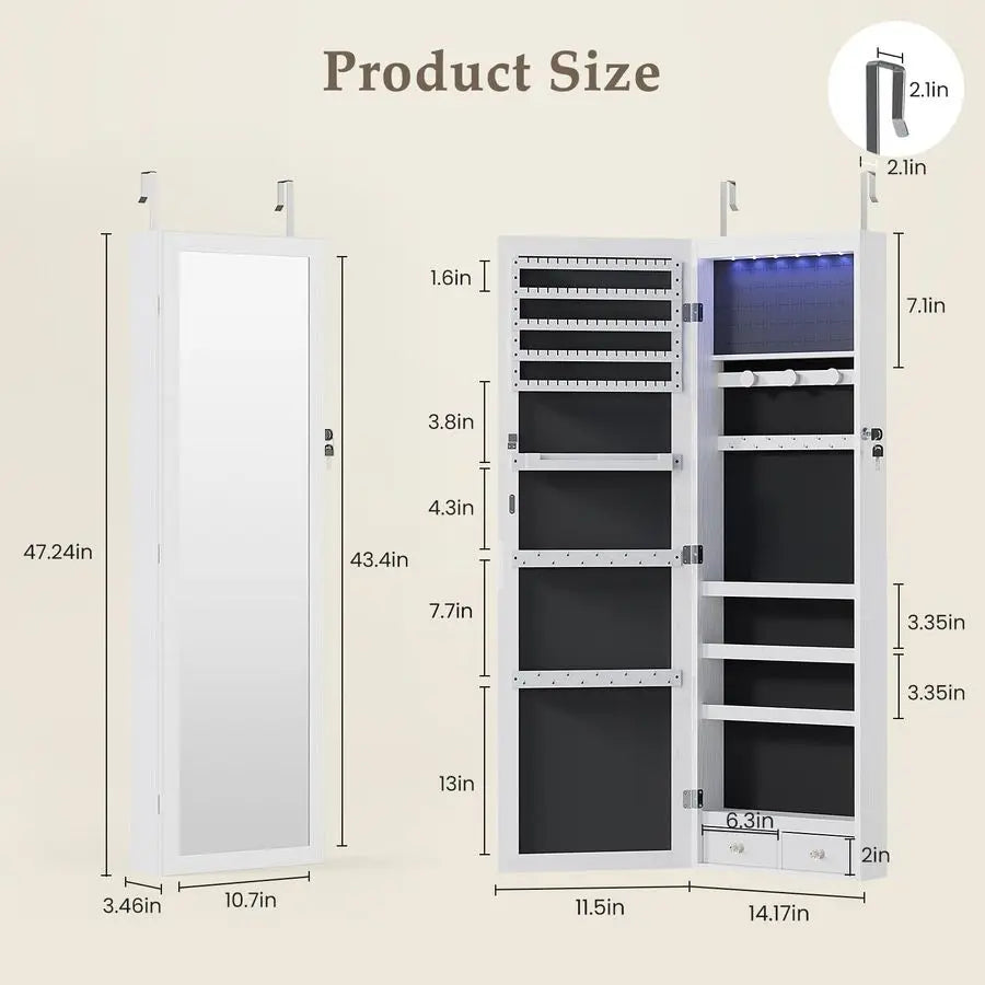 DUMOS 6 LEDs Mirror Jewelry Cabinet, Wall or Door Mounted Jewelry Organizer, 47.2Inch Tall Lockable Large Capacity Cosmetic Sto