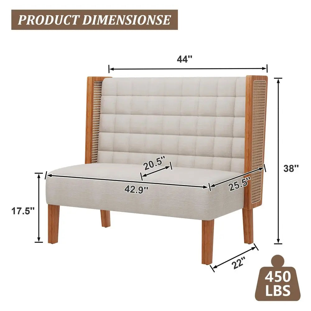 Loveseat Settee Bench with Rattan Arms, Upholstered Modern Mini HighBack Sofa Couch,Banquette Dining Bench for Living Dining Ro