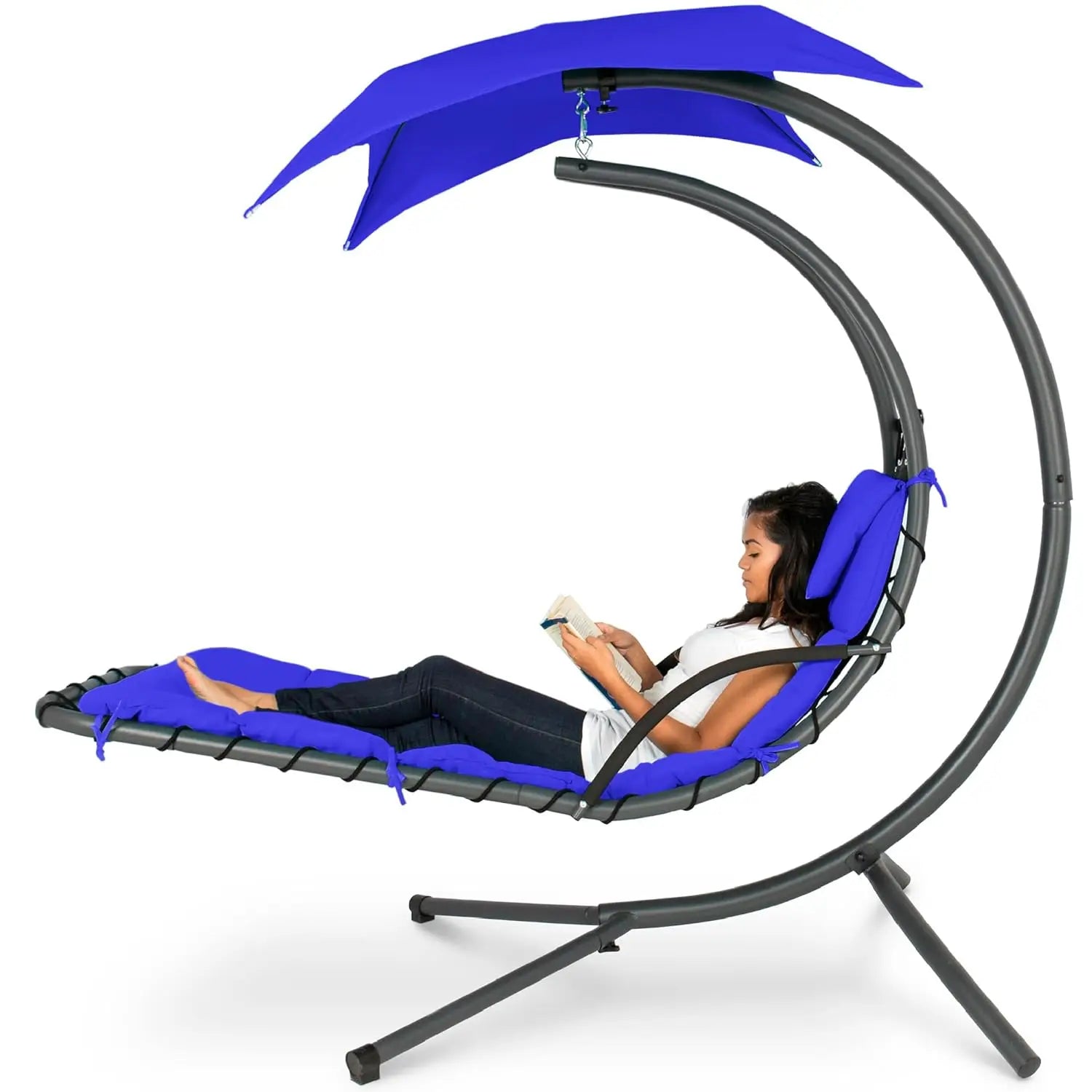 Outdoor Hanging Curved Steel Chaise Lounge Chair Swing w/Built-in Pillow and Removable Canopy - Peacock Blue, Customized