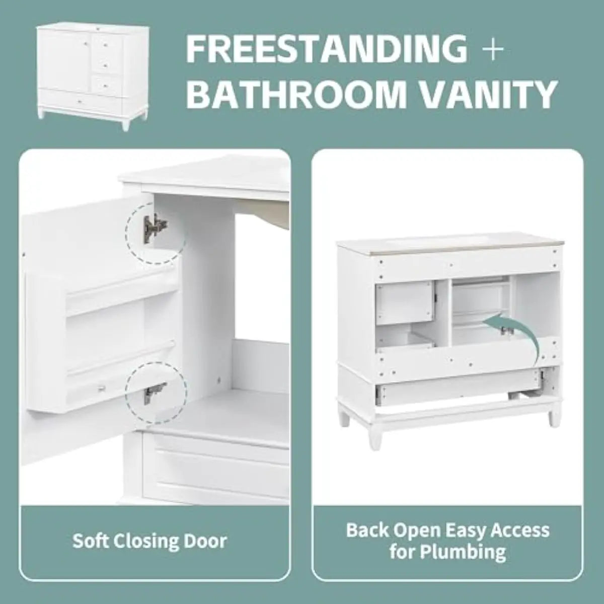 36 inch freestanding bathroom vanity with integrated ceramic sink, solid pine frame and MDF doors, three graduated drawers plus