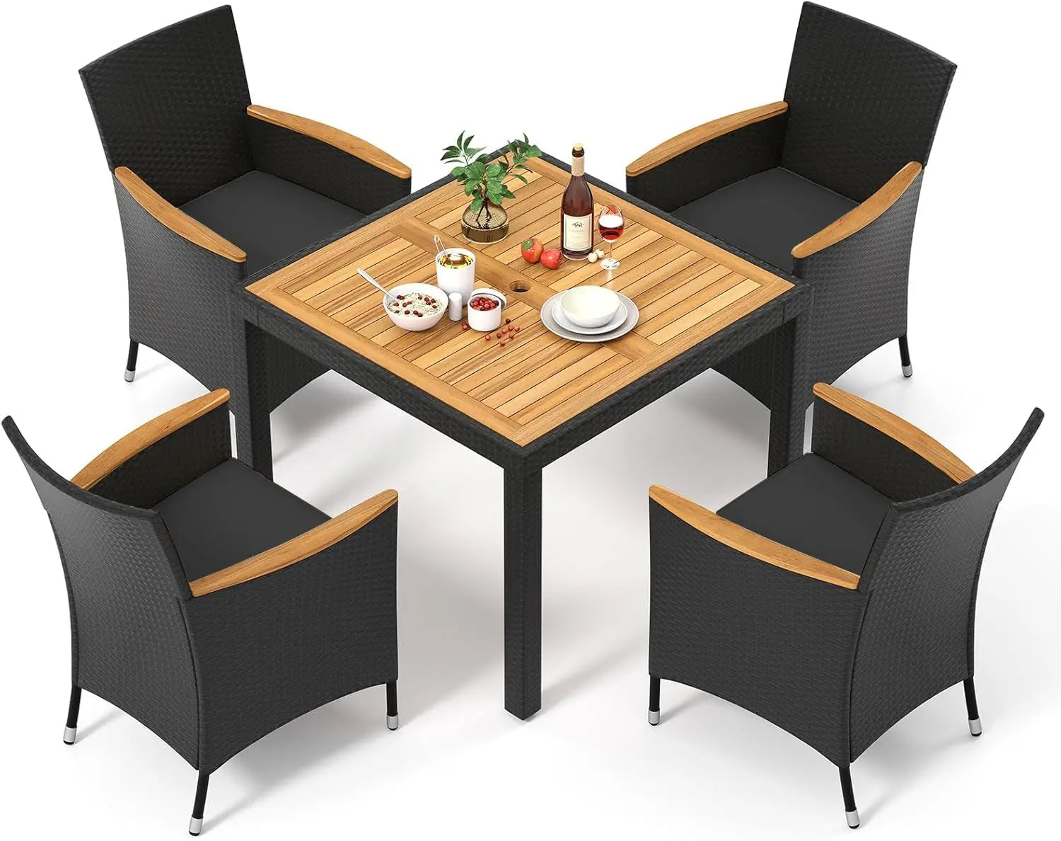 5 Pieces Rattan Outdoor Dining Set for 4,Outdoor Acacia Wood Table Set with 4Cushioned Wicker Chairs,Patio Dining Furniture Sets