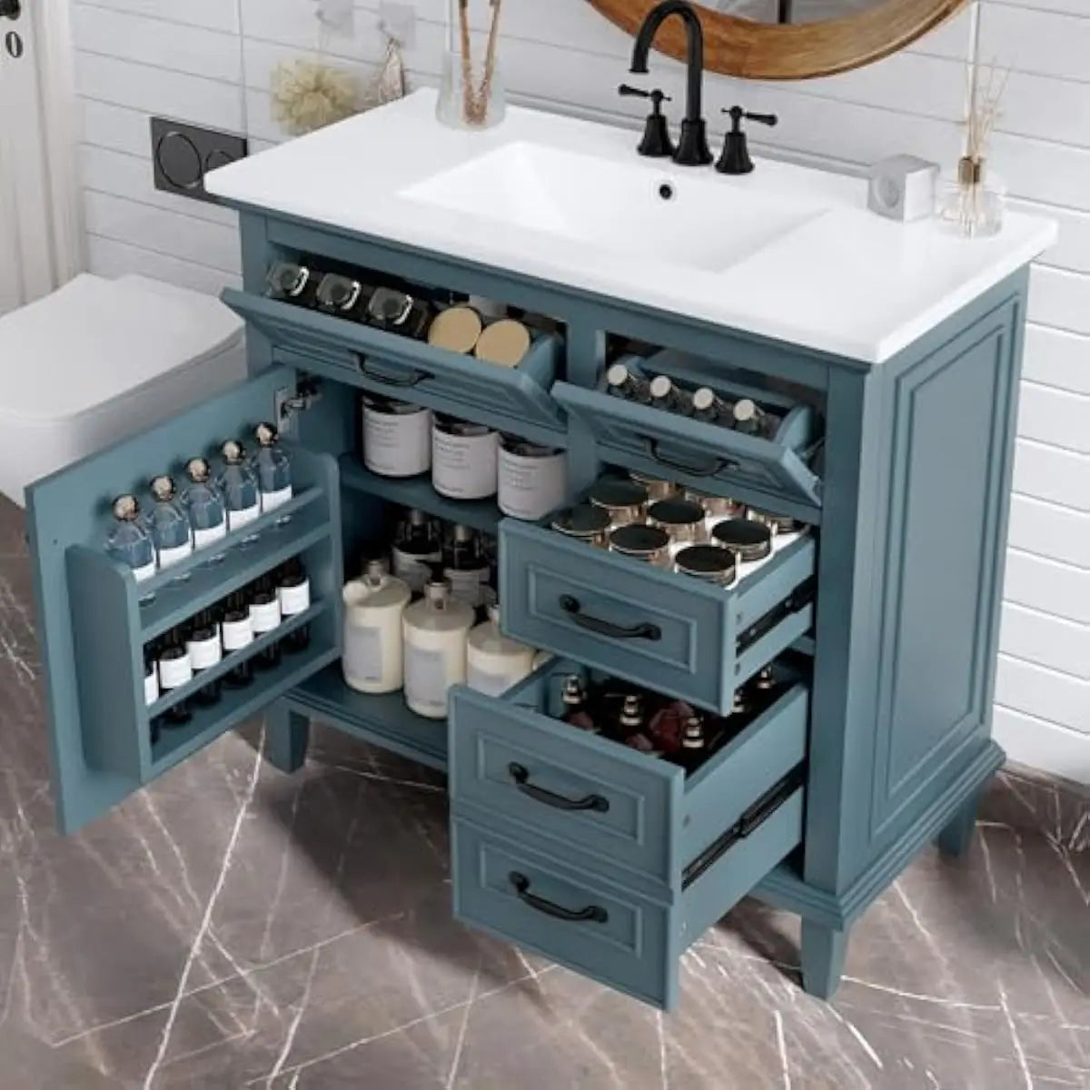 36 inch freestanding bathroom vanity with integrated ceramic sink, solid pine frame and MDF doors, three graduated drawers plus