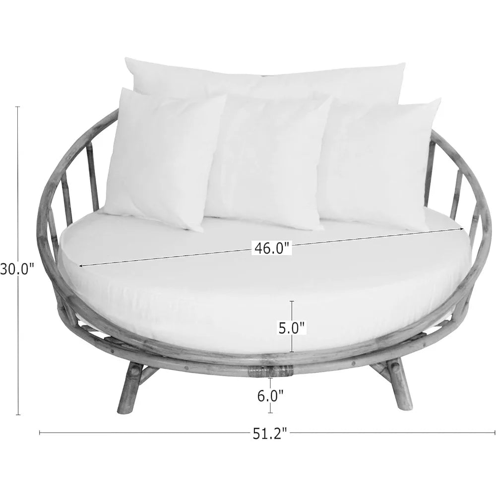 ZEW Rattan Bamboo Round Daybed Outdoor Sofa Chair with Cushion and Pillows for Backyard, Porch, Swimming Pool, Living Room