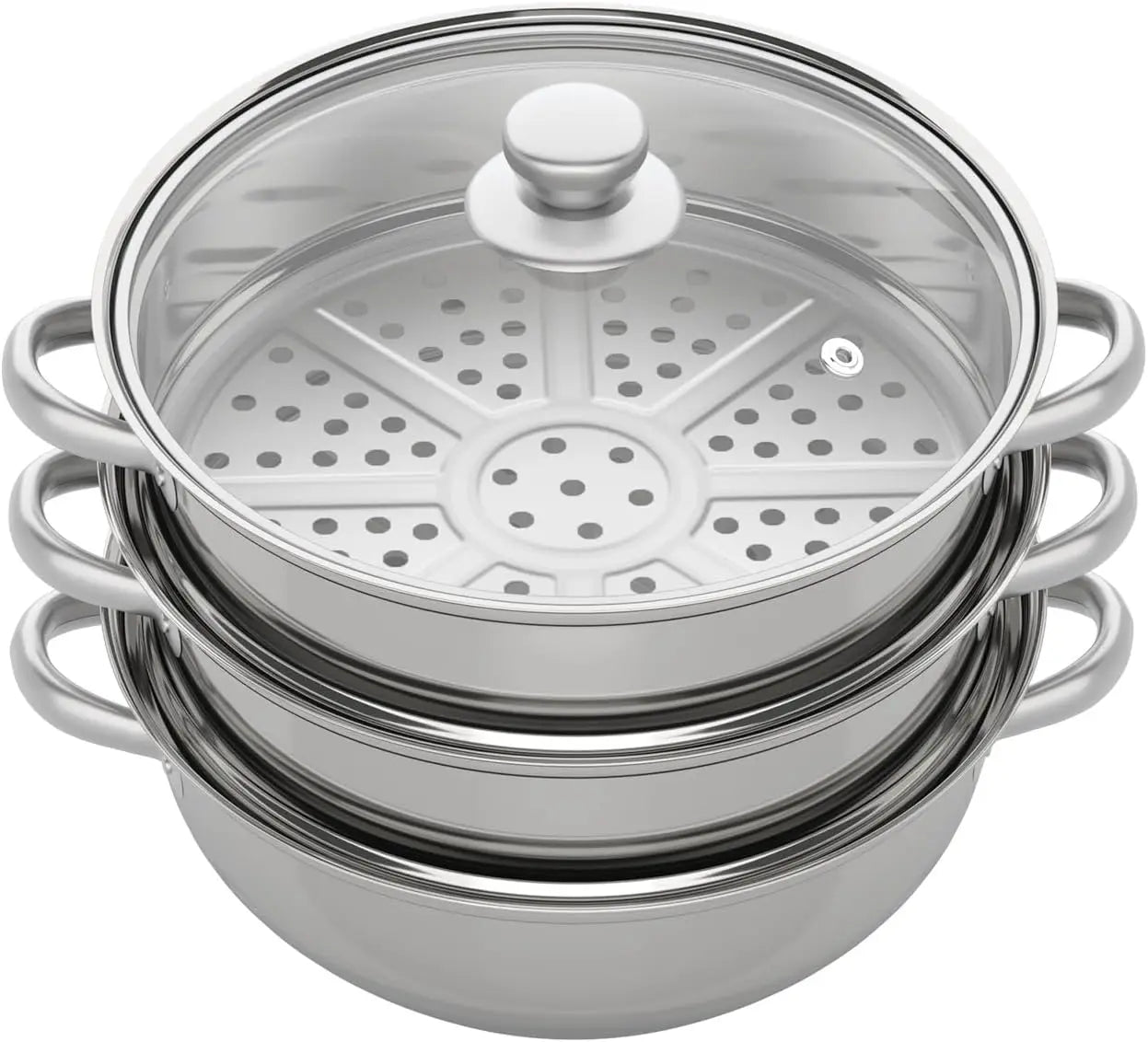 11Inch Steamer for Cooking, Stainless Steel Food Steamer Basket 3 Tier Vegetable Steamer Pot with Lid and Handle, polished