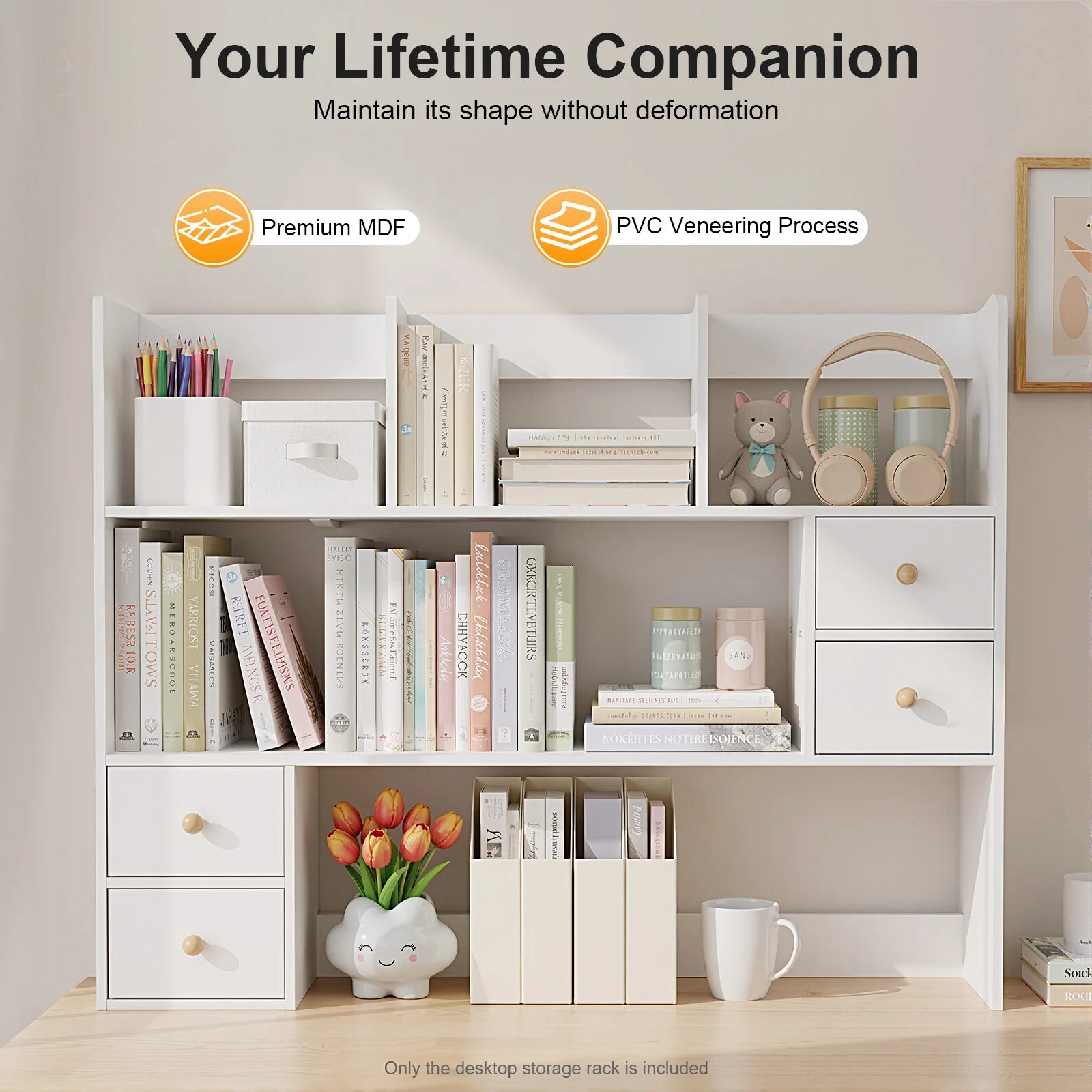 Bymaocar Desk Bookshelf 4 Cabinet MDF Desktop Organizer