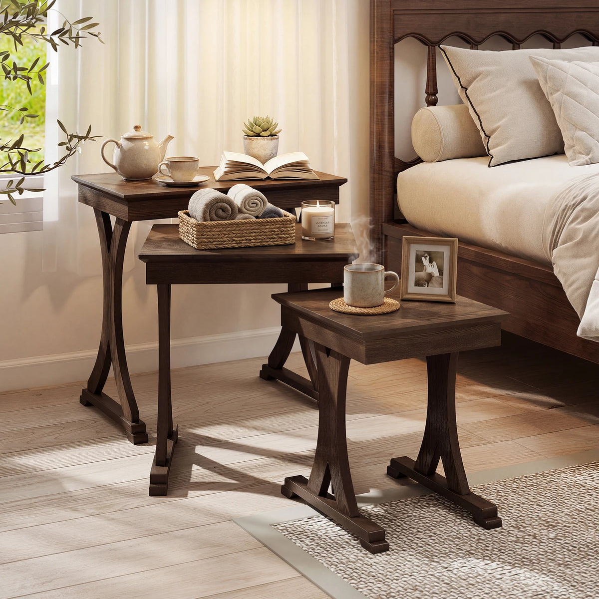 HOMASIS Nesting Coffee Table Set With Solid Rubber Wood Legs