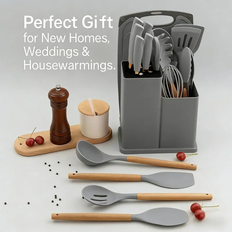 19-in-1 Kitchen Knife & Silicone Utensil Combo Set, Heat Resistant Cooking Tools with Detachable Storage Organizer