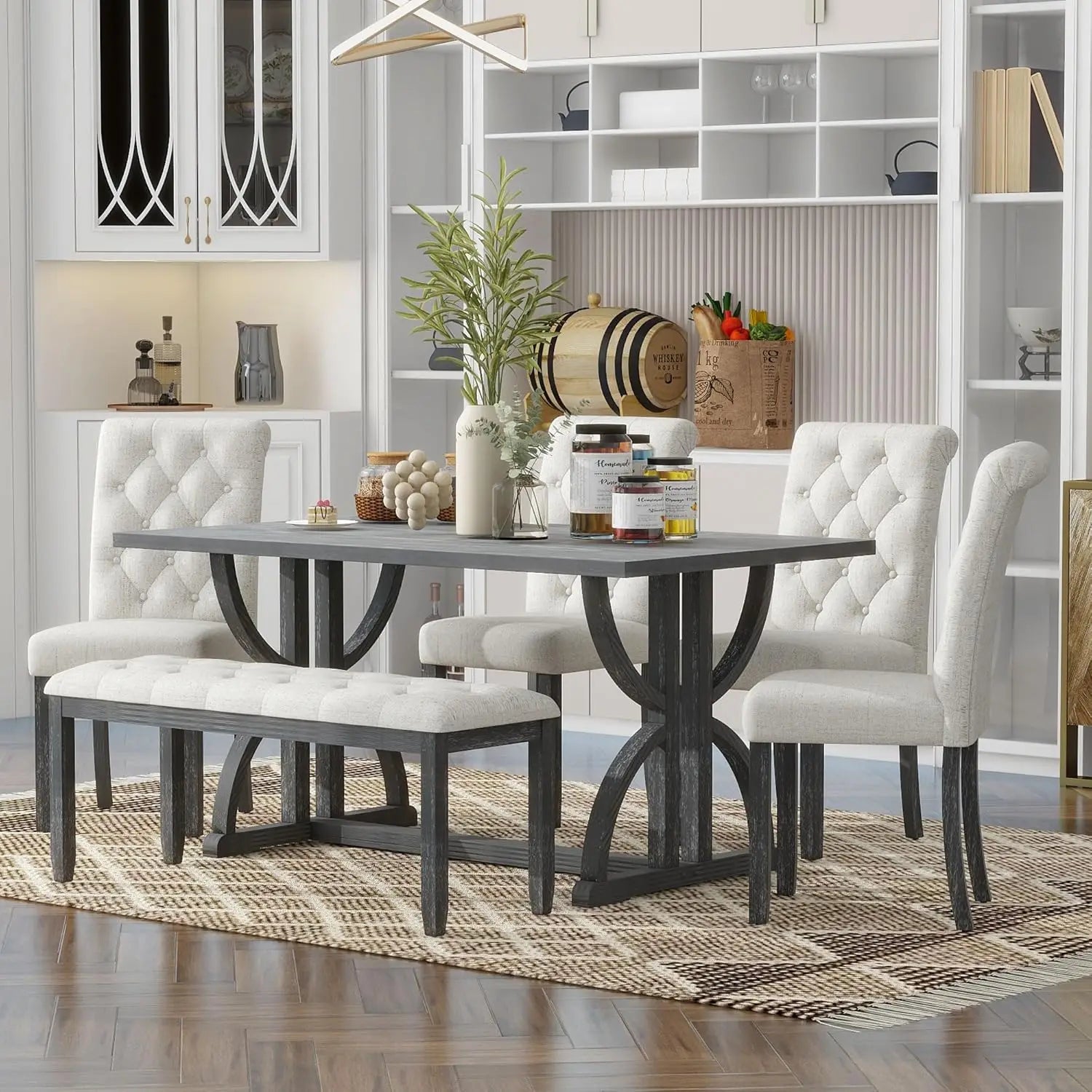 Solid Wood Kitchen Dining Room Table Set with Bench and Chairs for 6 Persons, Dining Table Set with with, Customized