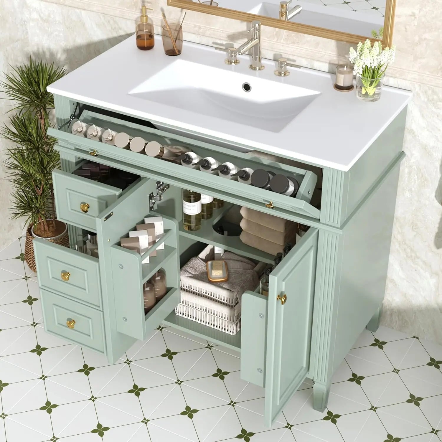 36" Free Standing Bathroom Vanity with Sink, Tip-Out Drawer & 3 Drawers & 2 Doors, Wood Cabinet with Ceramic Basin, Customized