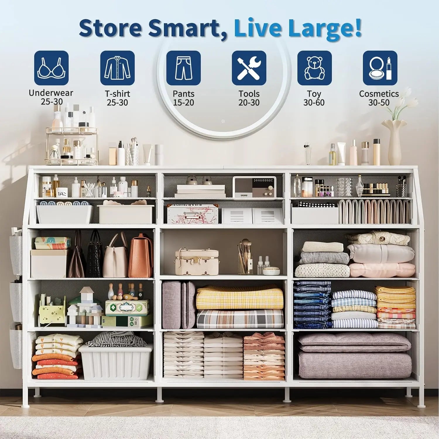 14 Drawer Dresser for Bedroom, Fabric Chest of Drawers with Wooden Top, Large Storage Cabinet with Metal Frame for Closet