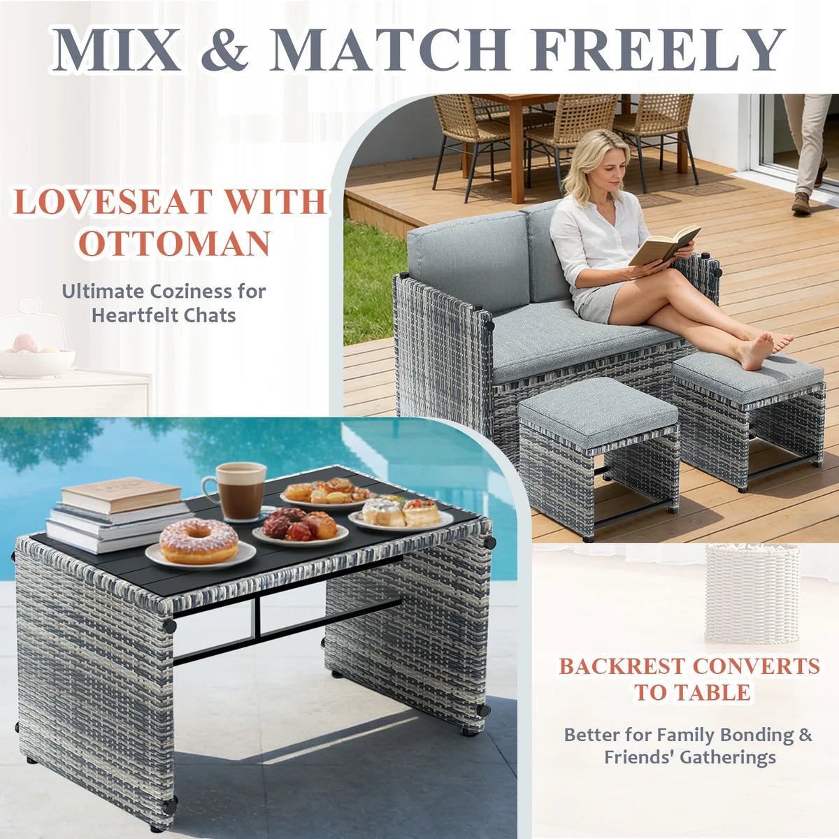 4/3 Pieces Convertible Multi-layout PE Rattan Loveseat Patio Furniture with 2 Storage Ottomans, All Weather Soft Cushioned Outdoor Furniture Sofa Set, Flexible Outdoor Patio Furniture Set for Patio Garden Balcony
