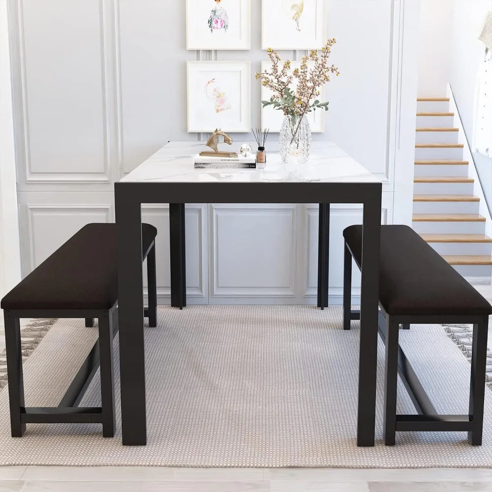 Dining Table Set with 2 Benches, Dining Table Set for 4-6 People, Artificial Marble Breakfast Table Set and PU