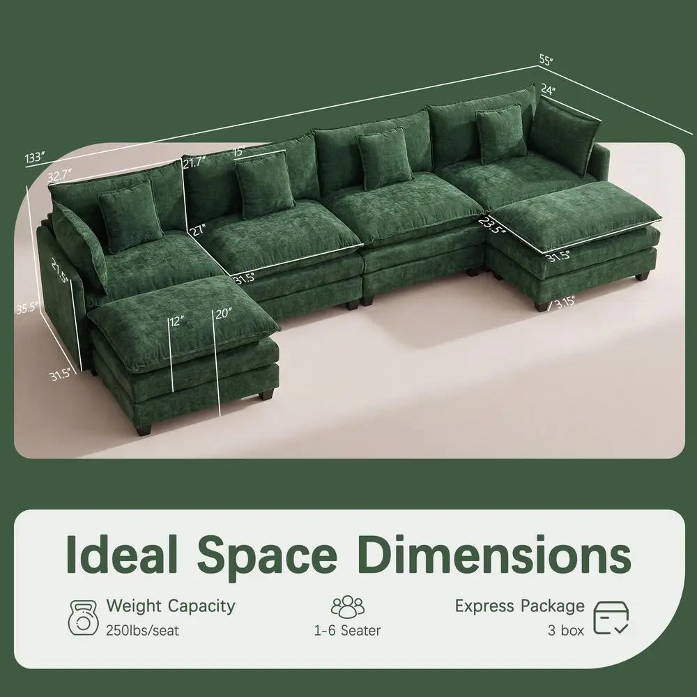 Sectional Sofa for Living Room, 133 Oversized Cloud Couch with Movable Ottoman, 6 Seat Modern Comfy Sofa Chenille Deep Seat Cou