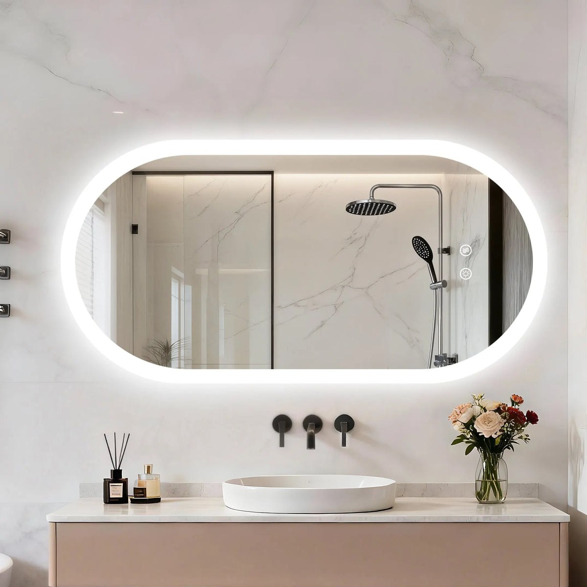 LED Bathroom Mirror Smart Anti-fog Dimmable LED Lighted Mirror Oval Makeup Mirror SPA Hotel 1200x600mm/1000x500mm/800x500mm,Tempered Glass, Frameless