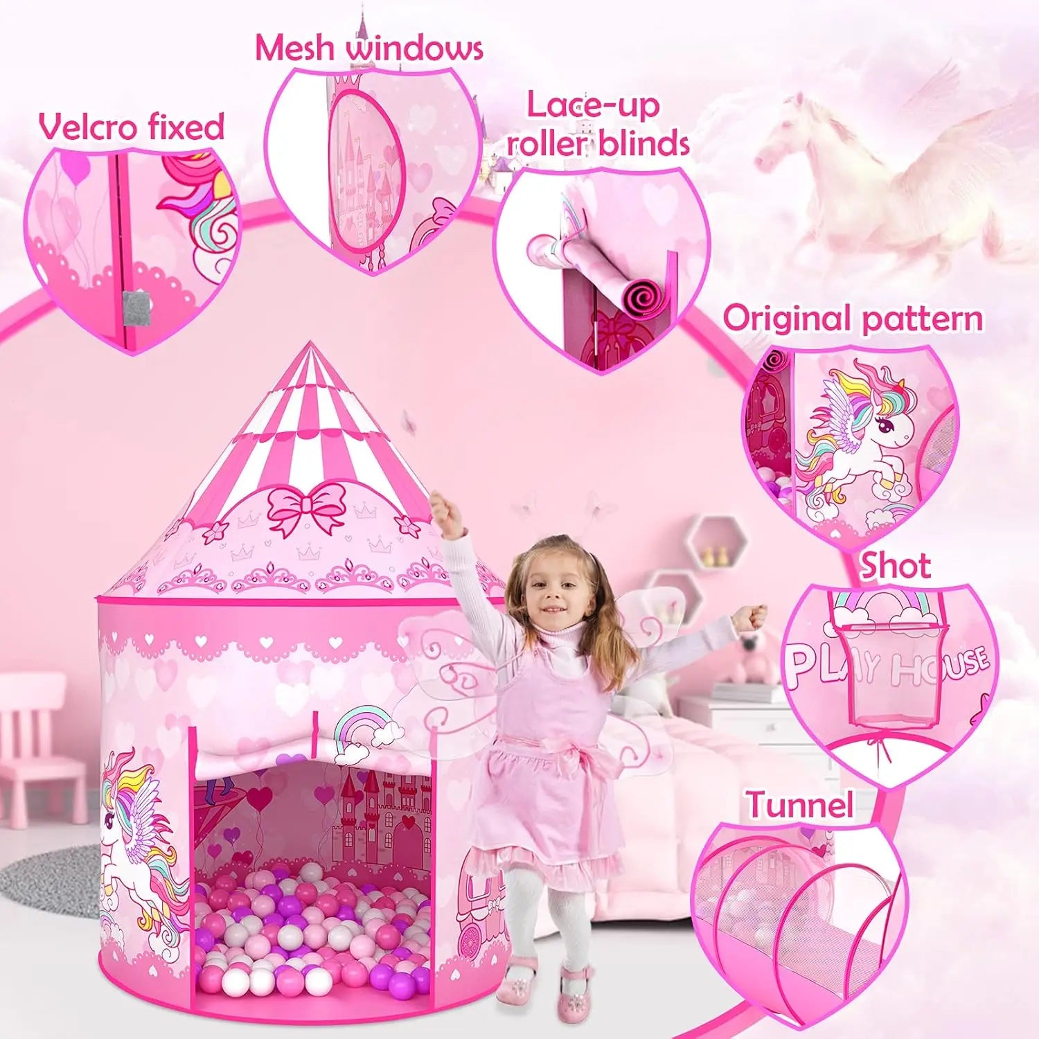 Pink Princess Play Tent Set with Ball Pit and Tunnel for Girls Indoor Outdoor Birthday Gift