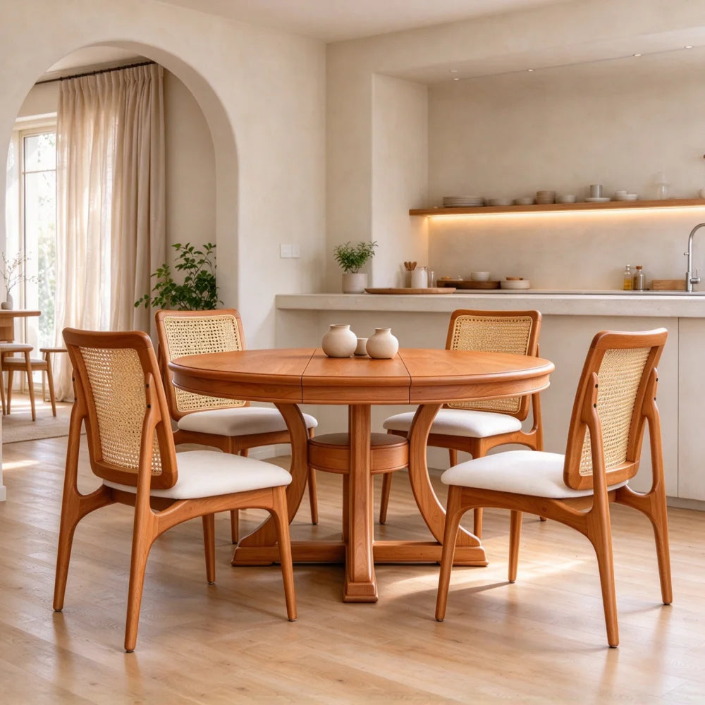 5 Piece Round Extendable Solid Wood Dining Table Set, 4 Rattan Back Chairs With Upholstered Seats, Modern Farmhouse Kitchen Dinner Furniture For Dining Room Kitchen Apartment