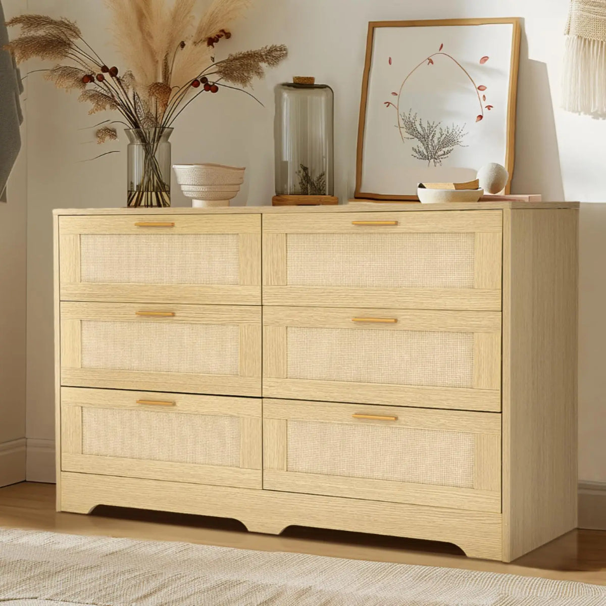 Rattan Six Drawer Dresser for Bedroom and Living Room Storage