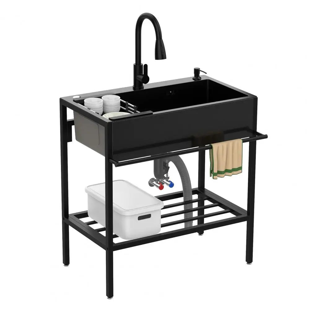 Stainless Steel bathroom Sink, Single Bowl Kitchen Sink with Cold Hot Water Faucet, Storage Shelf, Drain Kit, Free Standing Sink