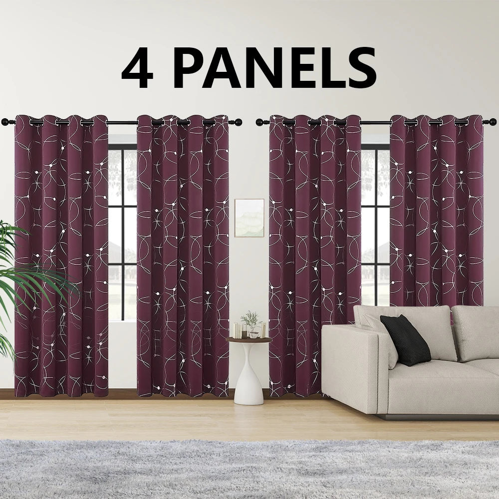 4PCSBlackout Curtains Grommet Thermal Insulated Room Darkening With Circle And Dots Foil Printed For Bedroom