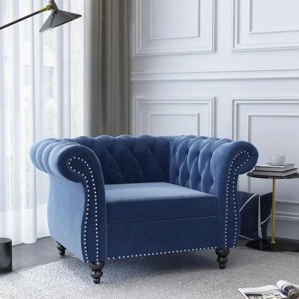 3 Piece Living Room Set, Velvet Chesterfield Sofa Loveseat Couch Chair with Scroll Arms and Nailhead for Living Room, Office (Bl