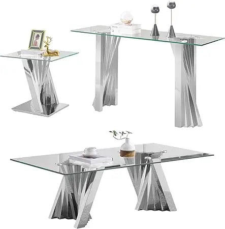 3 Piece Luxury Living Room Table Set, Modern Glass Coffee Table Set of 3, Includes Coffee Table,Console Table & End Table, Tempe