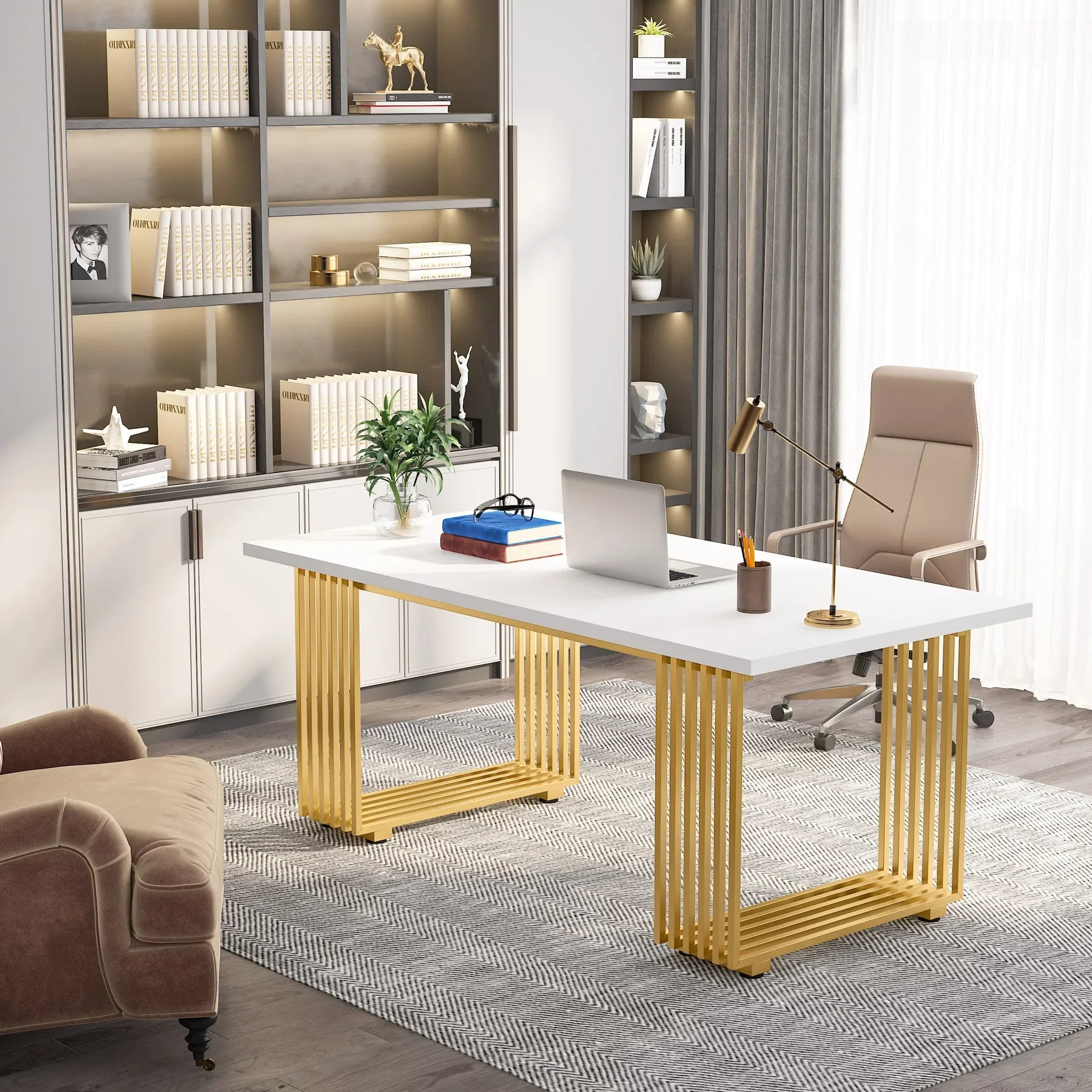 Tribesigns Modern Office Desk, 70.9" Wooden Computer Desk,Executive Desk with Gold Metal Legs, Large Workstation Home Office