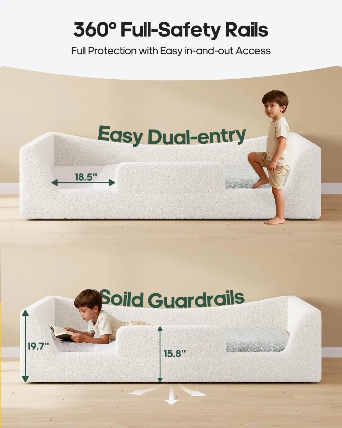 Twin Low Floor Bed Teddy Upholstered Curved Slats High Rails Kids No Box Spring Beige,Customized