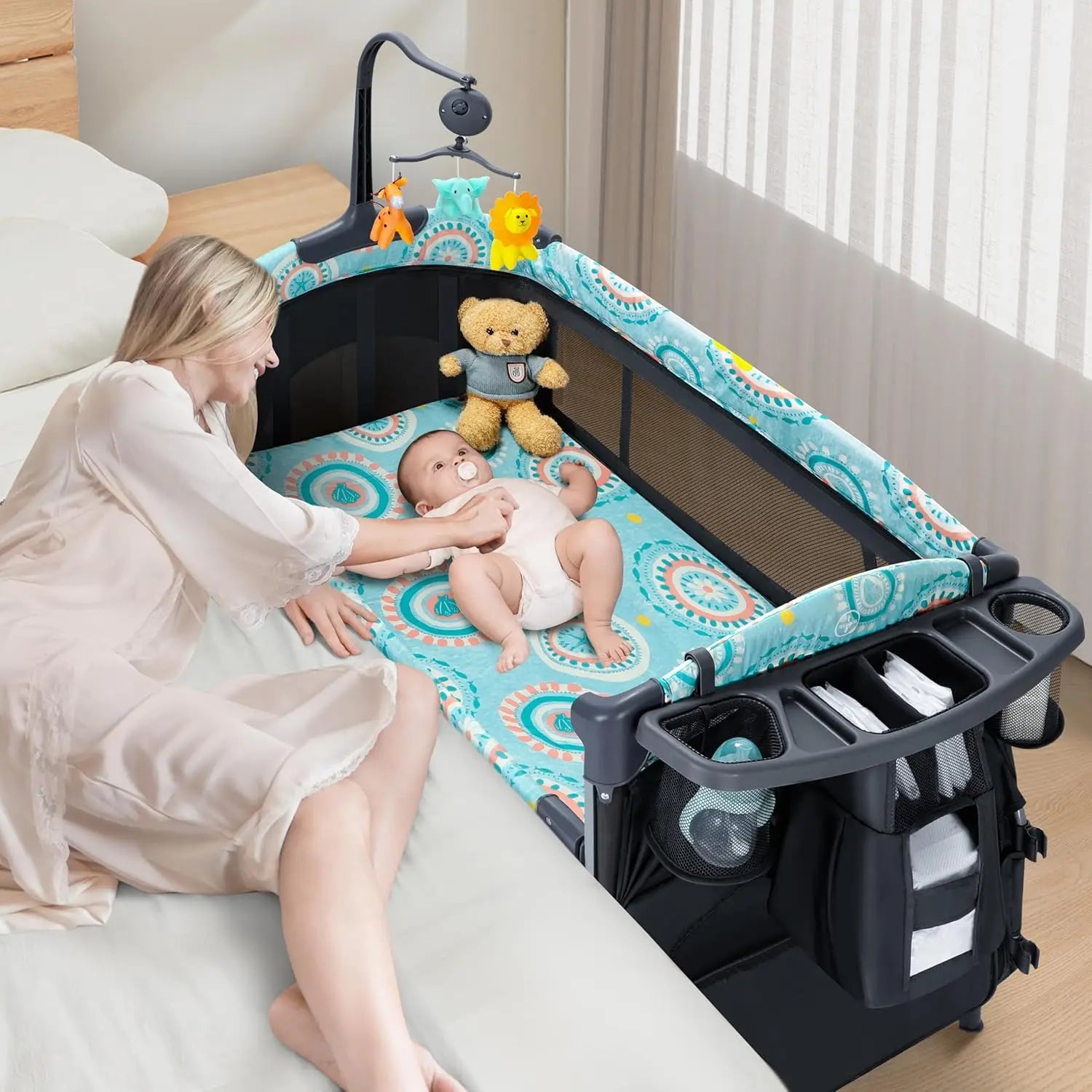 5-in-1 Bedside Baby Bassinet Detachable Changing Table Mattress Storage Music 3 Height Portable Playard Newborn, Customized