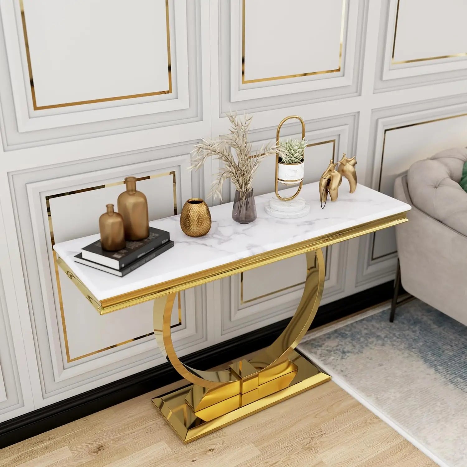 Gold Console Table, 50 Inch Glam White and Gold Entryway Table with U-Shaped Base, Polished Gold Entrance Table, Customized