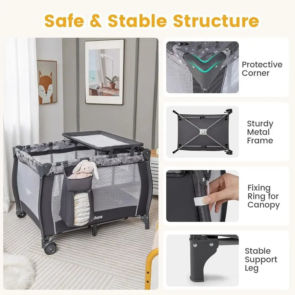 All-in-One Portable Baby Playard with Bassinet, Changing Station, Mosquito Net, Toys, Music, Storage for Toddlers - GreyTime-lim