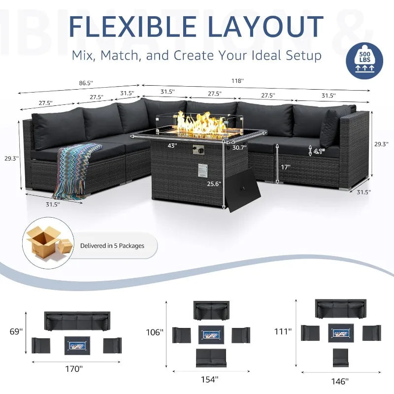 Extra Large Rattan Patio Furniture Set with Gas/Propane Fire Pit Table, 29.3'' High Back Comfy Outdoor Sofa Conversatio