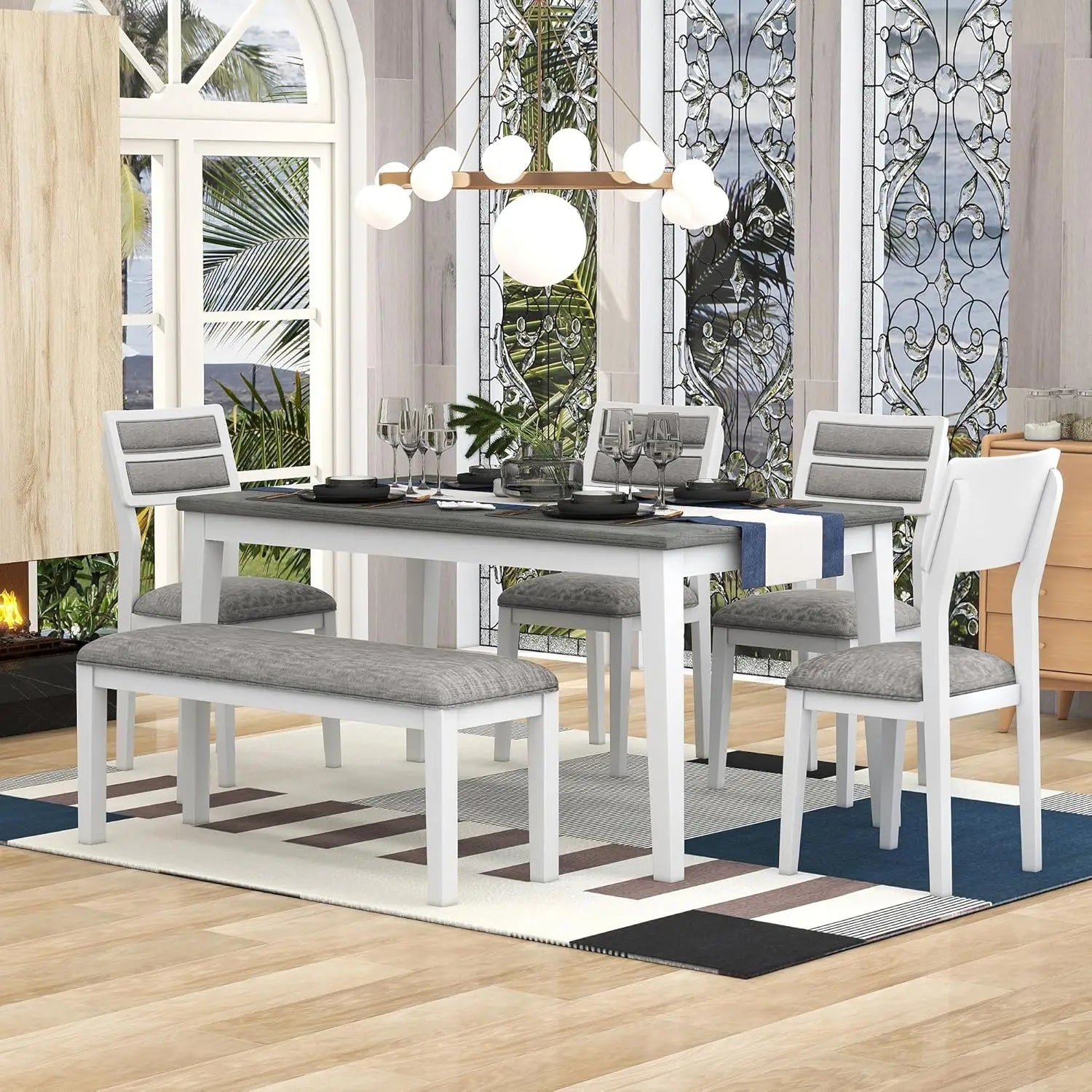 Solid Wood Kitchen Dining Room Table Set with Bench and Chairs for 6 Persons, Dining Table Set with with, Customized