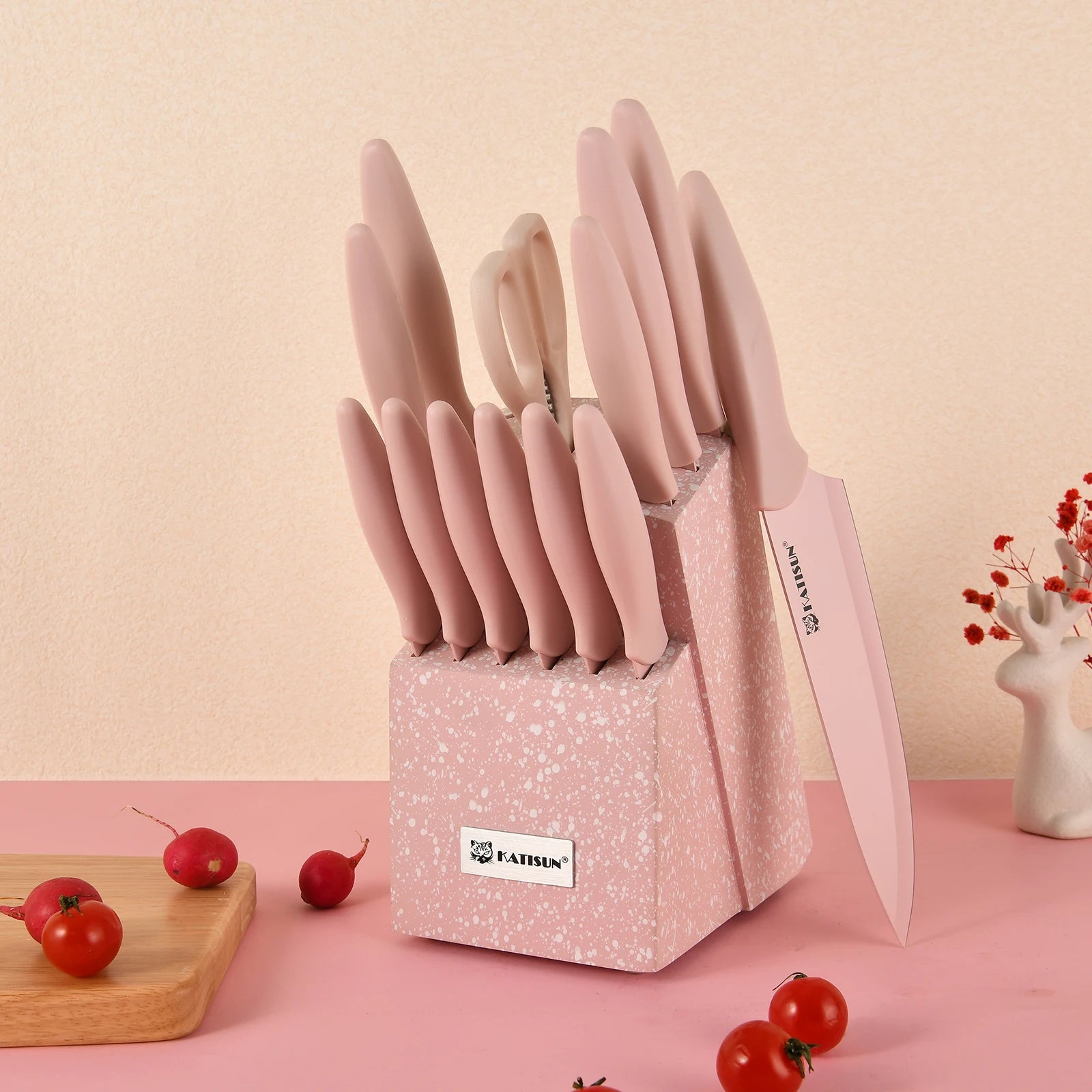 14 Pieces Pink Kitchen Knife Color Block Set , Anti-Rust Color Titanium Coated Carbon Steel, 12 Knives with Shears and Block