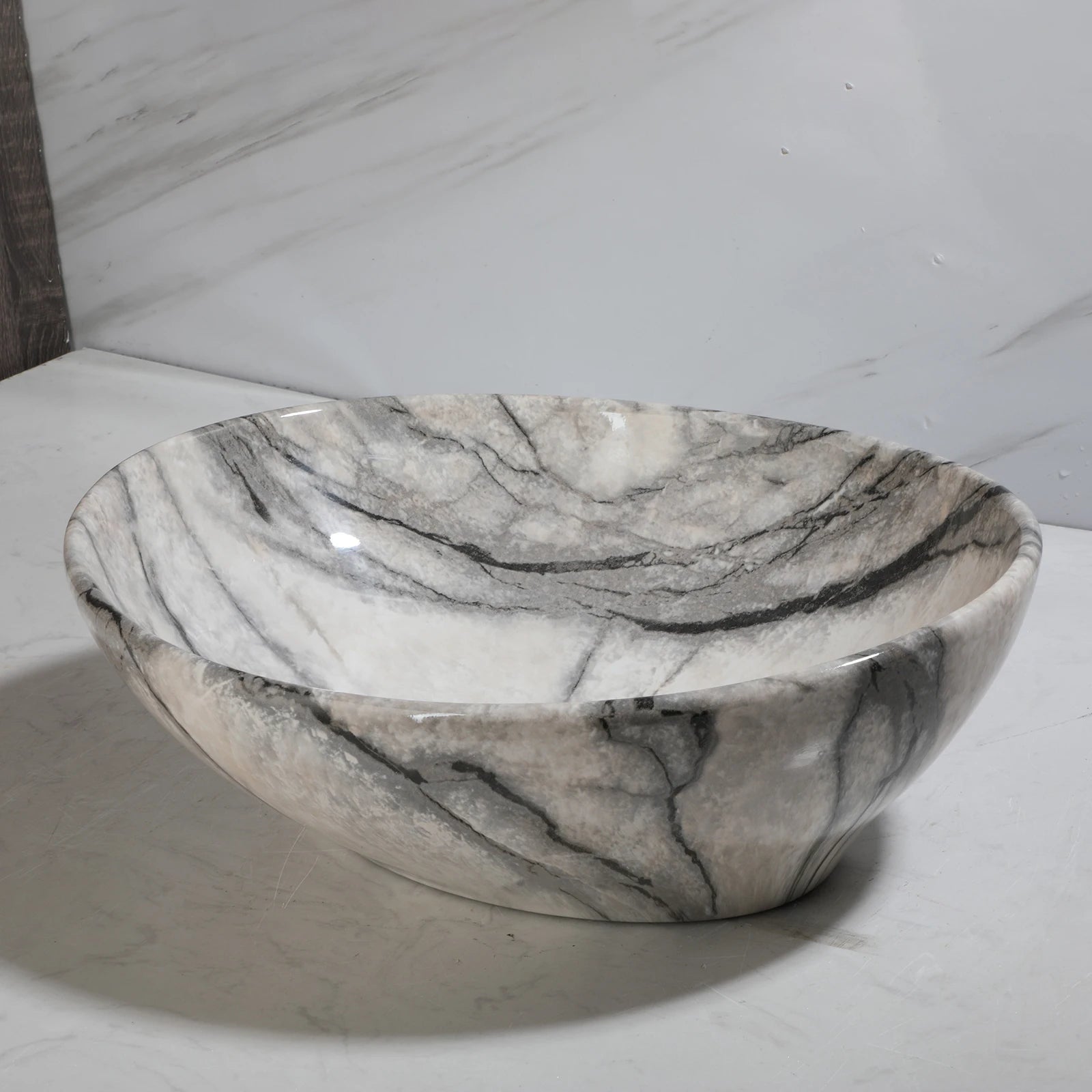 ZAPPO Artistic Marble Pattern Ceramic Vessel Sink Set, Black Matte Faucet Combo, Modern Bathroom Above-Counter Basin Vanity Sink