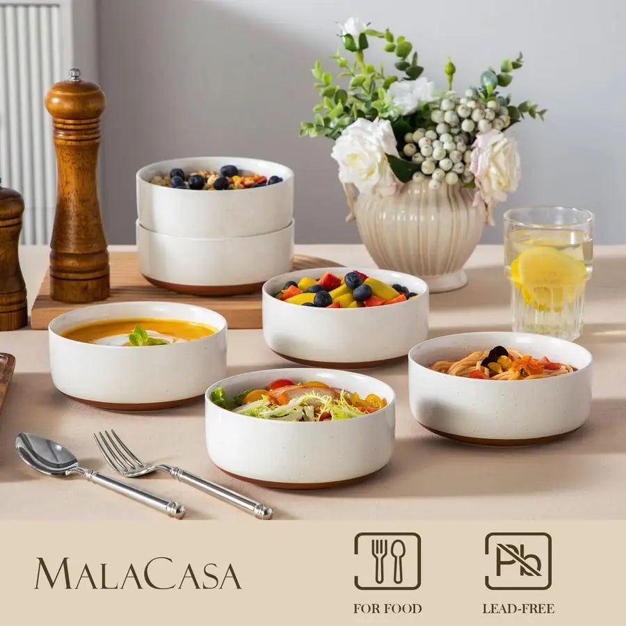 Cereal Bowls Set of 6, 24 OZ Ceramic Bowls for Kitchen, Soup Bowl Breakfast Bowls, Dishwasher Microwave Safe, Khaki White, Serie
