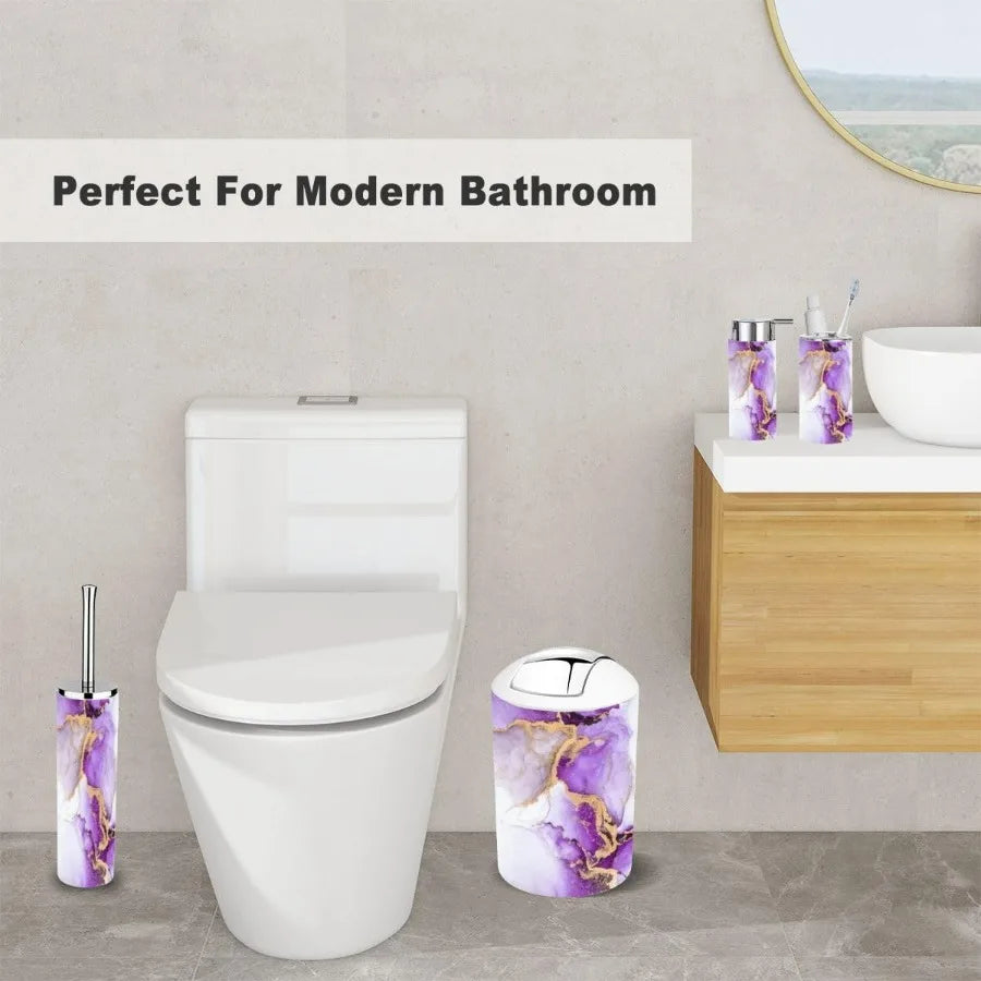 Bathroom Accessory Set 6 Piece Purple Gold Abstract Marble Liquid Ink Art Painting Paper Toothbrush Holder Toothbrush Cup Soap