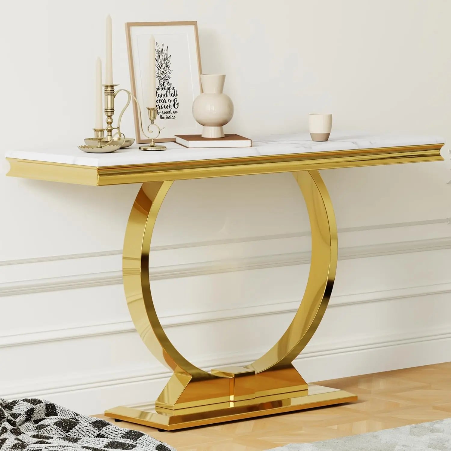 Gold Console Table, 50 Inch Glam White and Gold Entryway Table with U-Shaped Base, Polished Gold Entrance Table, Customized