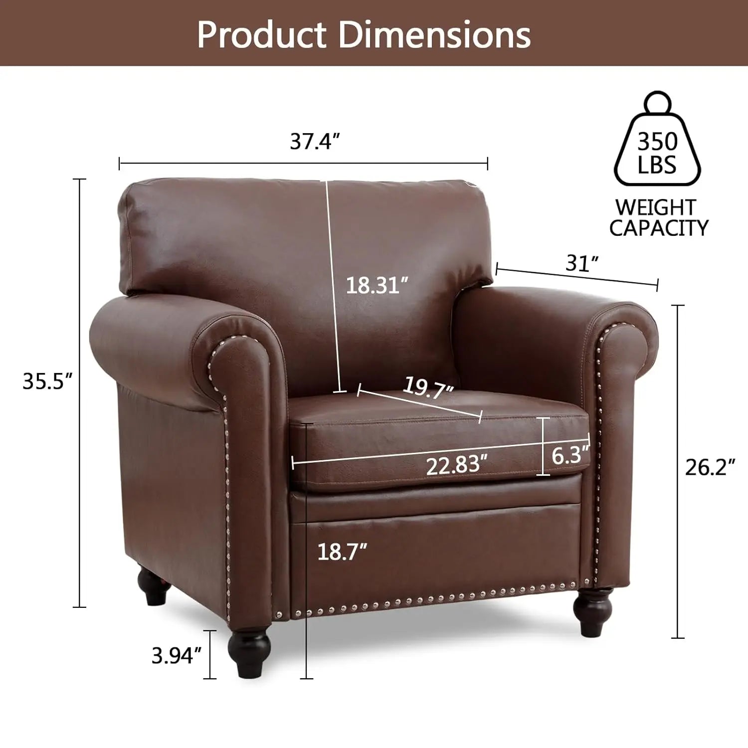 Brown Faux Leather Chair,Mid Century Modern Accent Chair Set for Office Bedroom Living Room with Deep Seats Detachable Cushions