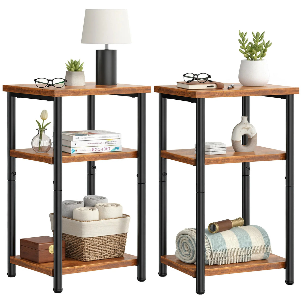 MCQ 3 Tier End Table Set of 2 Living Room Coffee Tables Storage Shelf Nightstand with Adjustable Feet For Tea Dining Tables