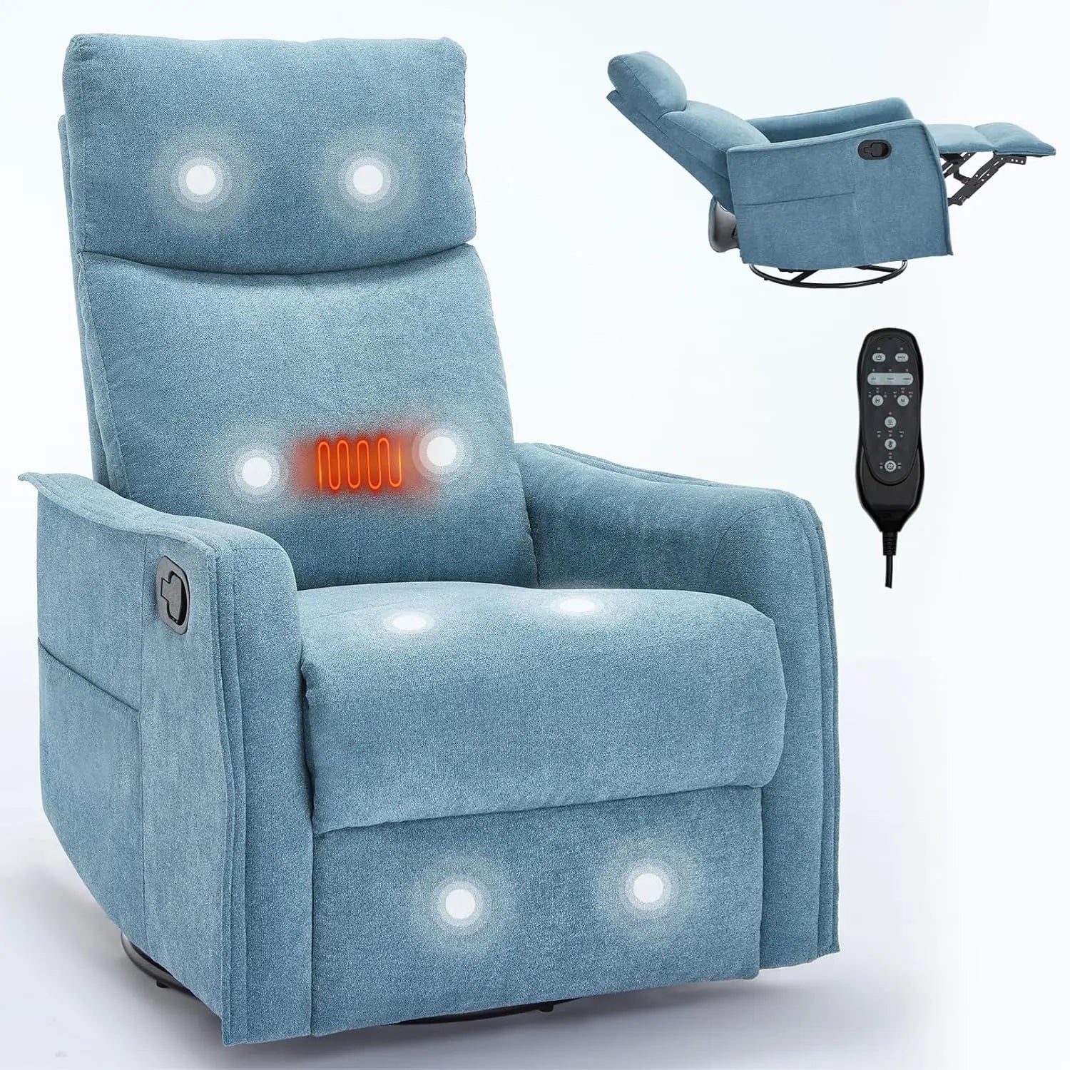 Heat Massage Manual Recliner Chair with Rocker & 360° Swivel, Fabric Upholstered Reclining Armchair with Lumbar, Customized